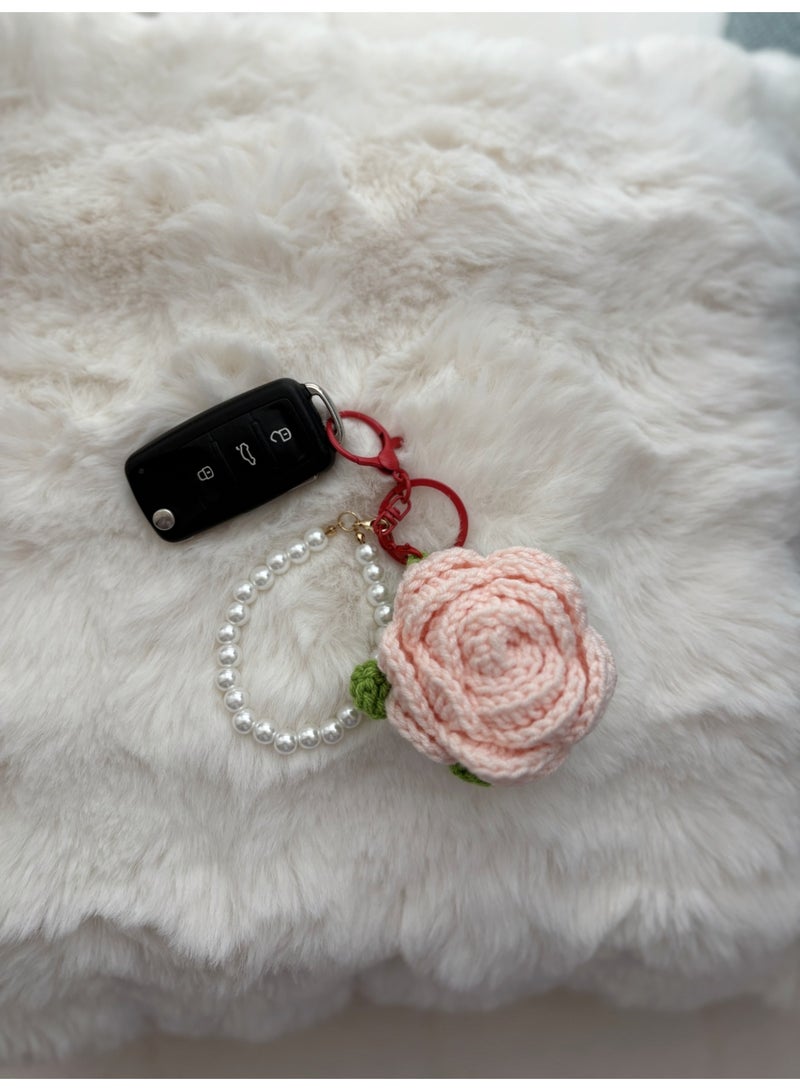 Cute Crochet Rose Keychains Handmade Knitted Flower Keychains With Pearl Chain - Image 4